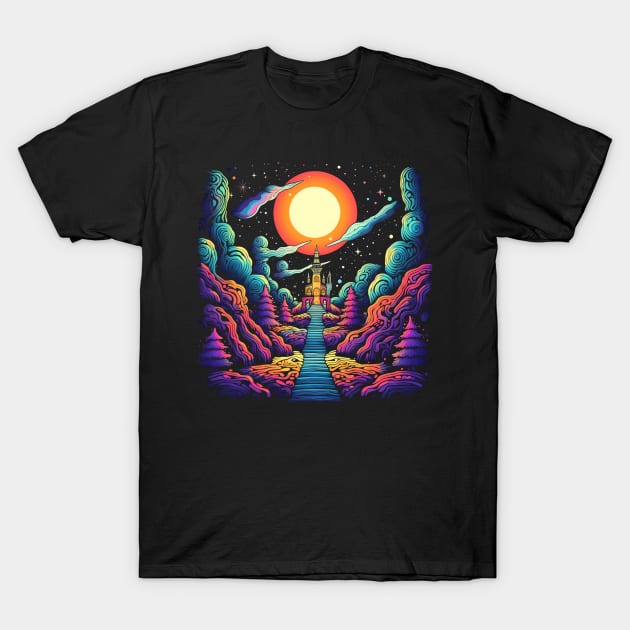 Stairway to Heaven - Psychedelic Castle Art T-Shirt by Unelmoija